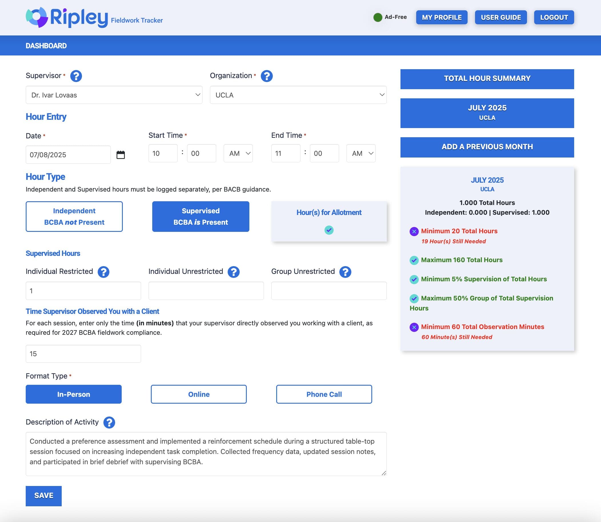 Ripley hour entry form under 2027 rules with the observation minutes field