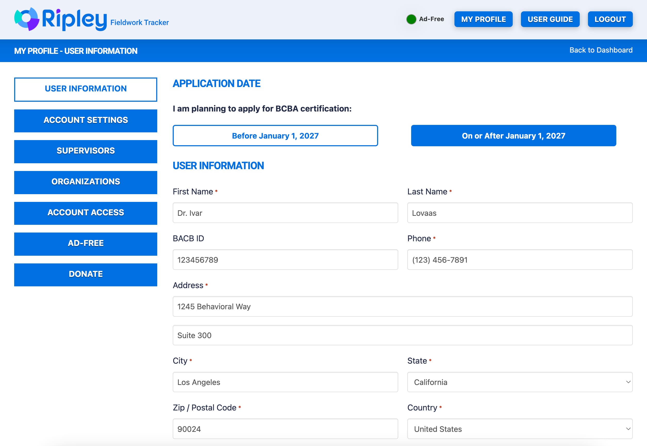Ripley My Profile page with the Application Date toggle set between pre-2027 and 2027 BACB requirements