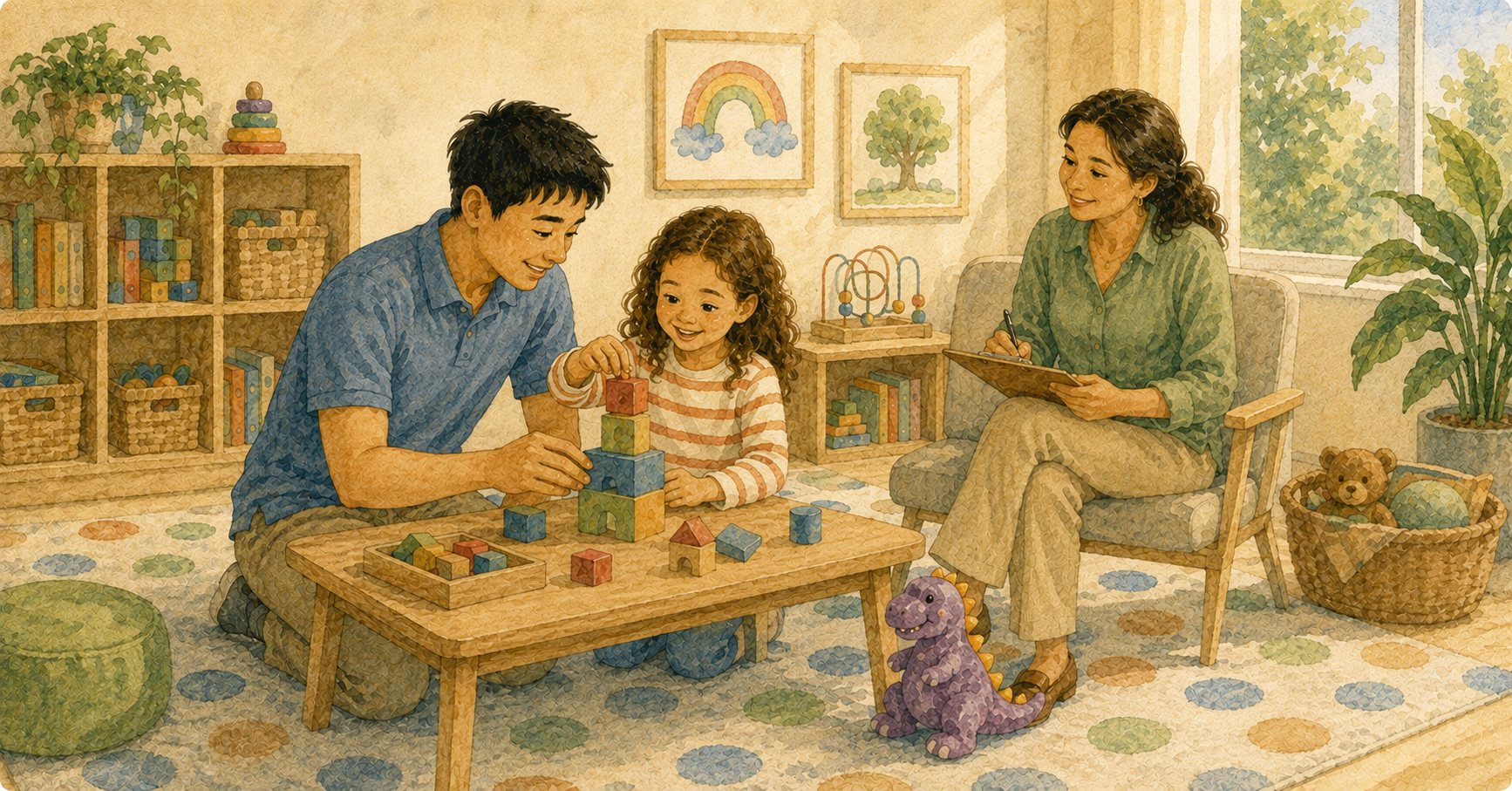 Behavior technician and child building block towers at a low table while a supervising analyst observes and takes notes on a clipboard