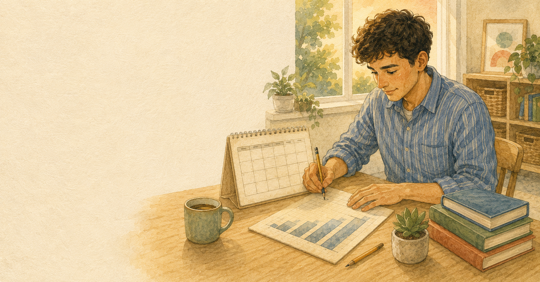 Watercolor of a trainee with a desk calendar penciling a rising bar chart, planning how to catch up on fieldwork hours month by month