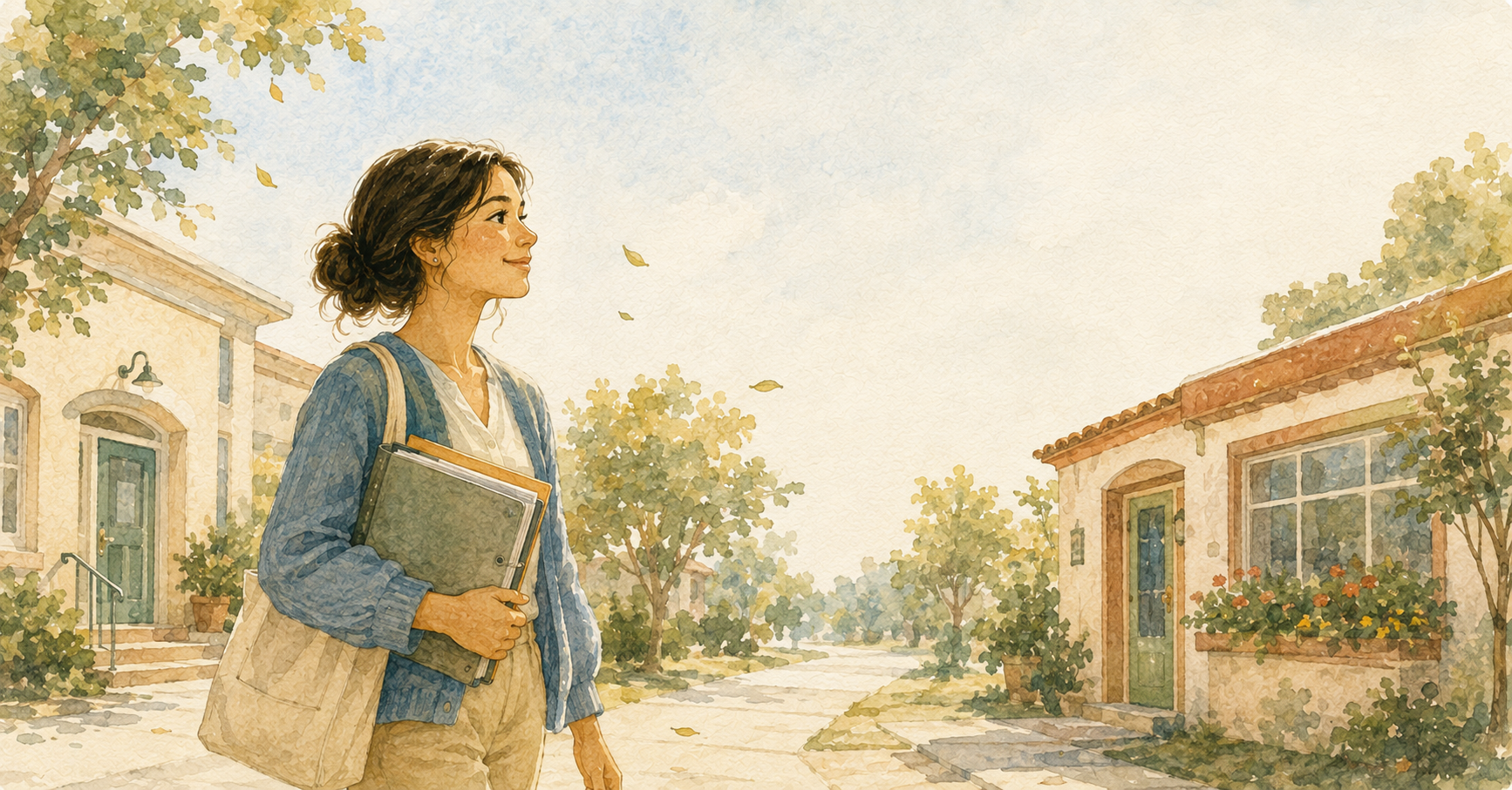 Watercolor illustration of a woman walking to a new clinic with binders of fieldwork records under her arm, illustrating a mid-fieldwork job change