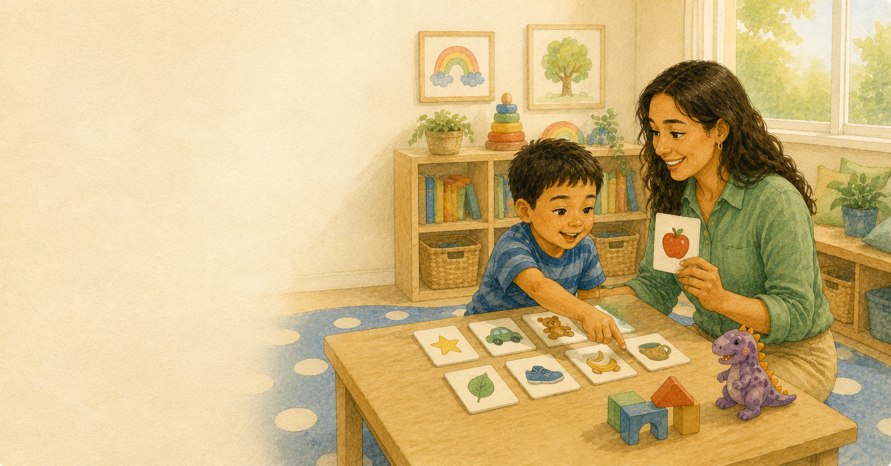 Therapist holding an apple flashcard as a young boy points to picture cards in an ABA session, the month of work a signed M-FVF turns into countable hours