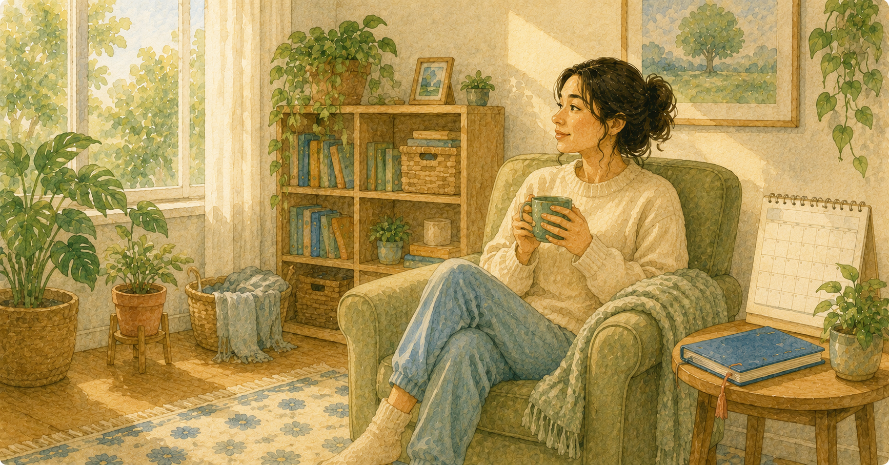 Woman taking a quiet break in an armchair with a mug, a closed fieldwork notebook and blank desk calendar waiting on the side table