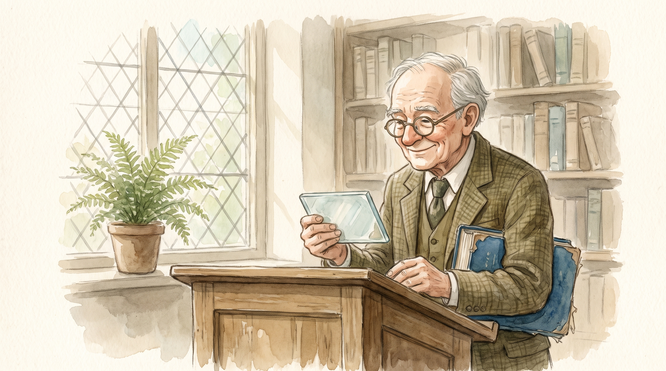 Watercolor illustration of a professor at a lectern accepting a glass award, a well-worn textbook tucked under his arm