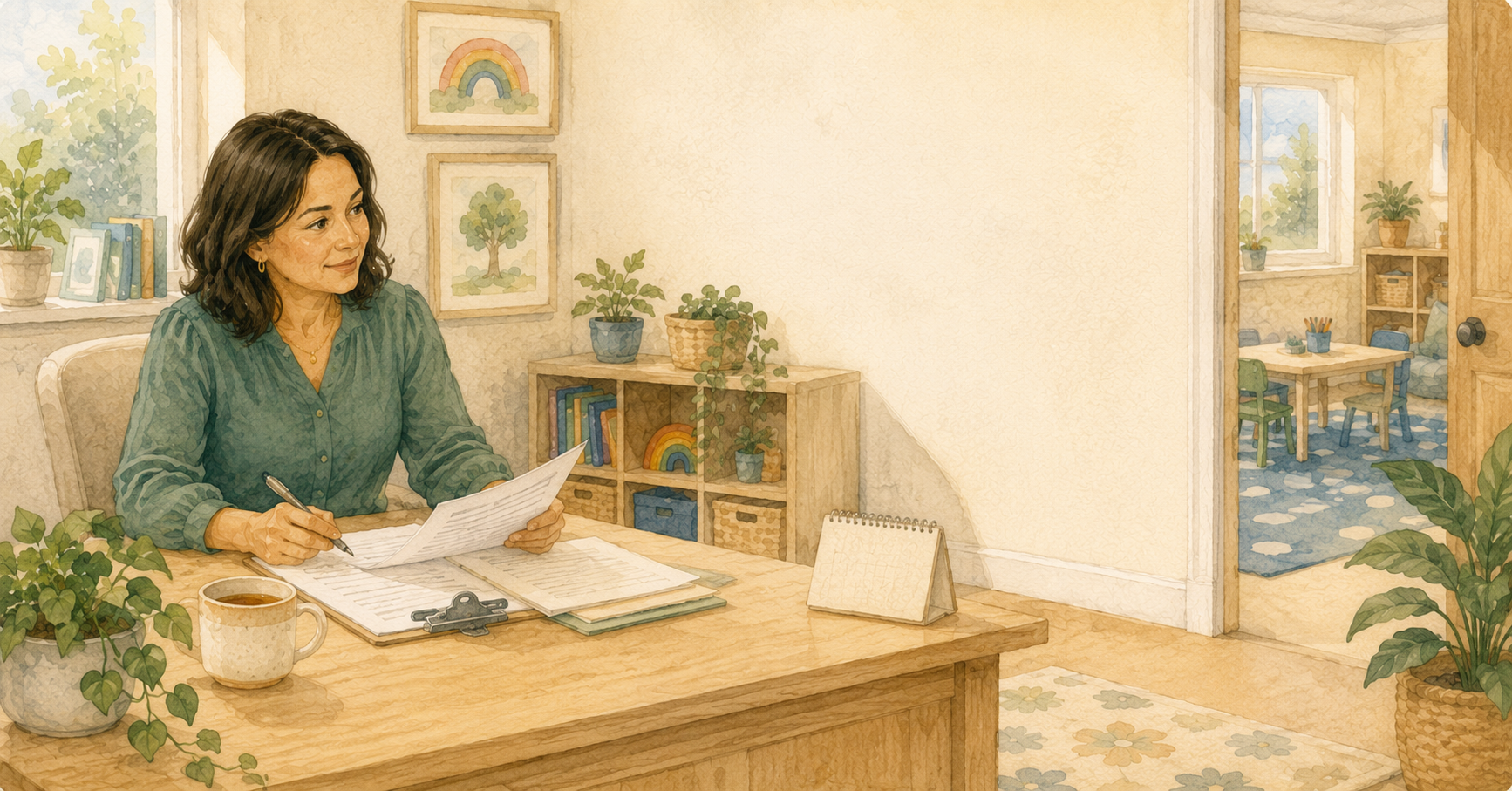 Watercolor of a supervisor signing fieldwork verification forms at her desk, with a children's therapy room visible through the doorway behind her