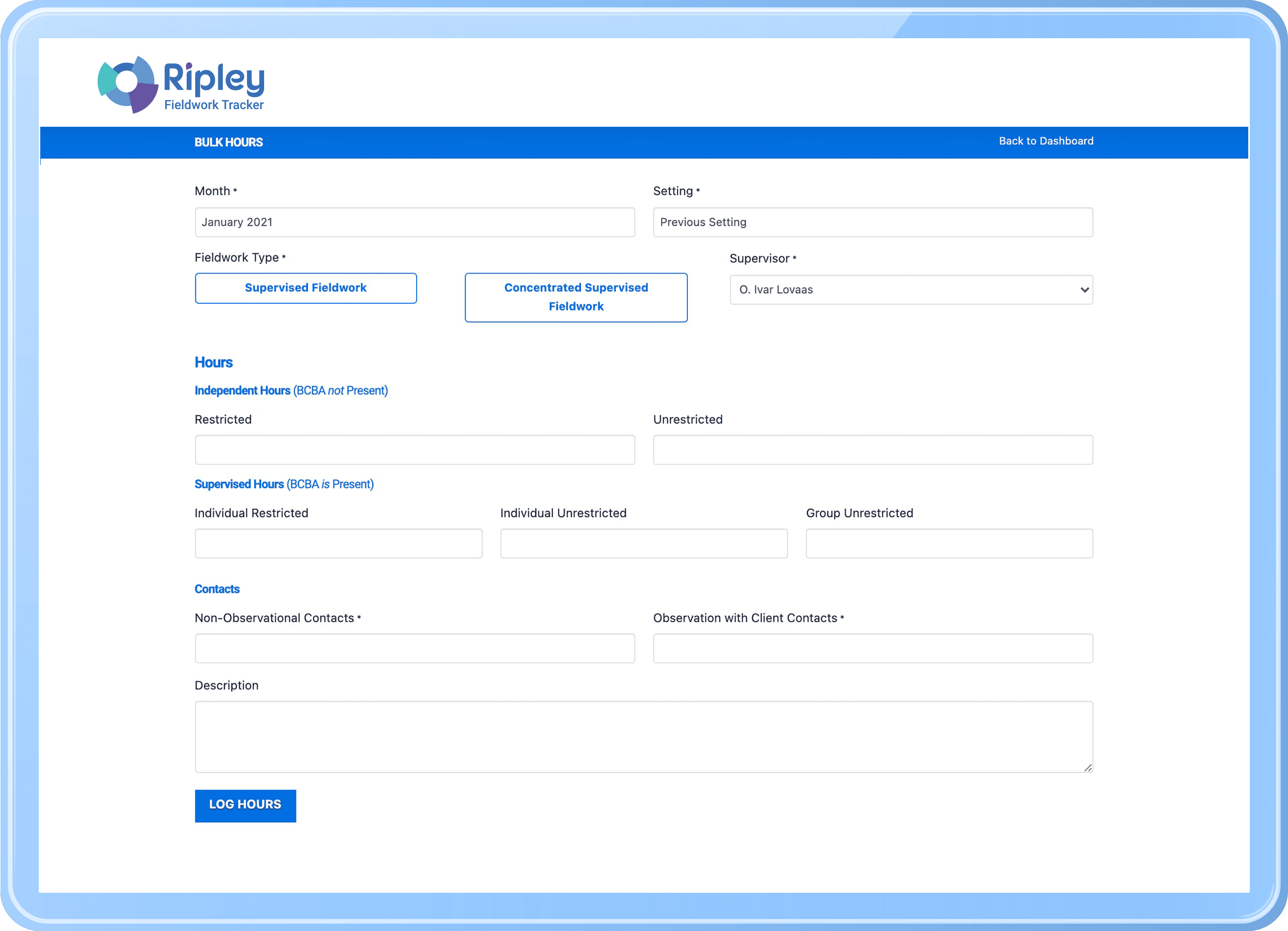 Ripley bulk-hours entry with the Supervised and Concentrated pathway choice